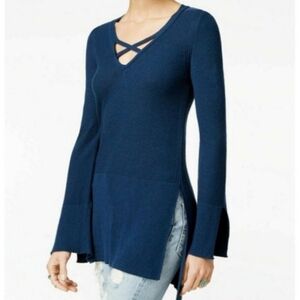🟢7522 * Free People Crisscross V Neck Tunic Sweater Blue Size S